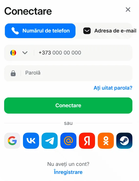 Pagina de conectare 1Win - autentificare cu telefon sau email