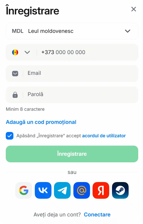 Formular de înregistrare 1Win cu lei moldovenești MDL și număr +373