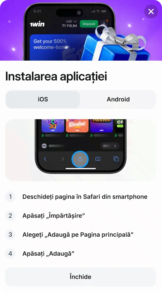 Ghid instalare 1Win pe iPhone prin Safari - PWA în 4 pași simpli